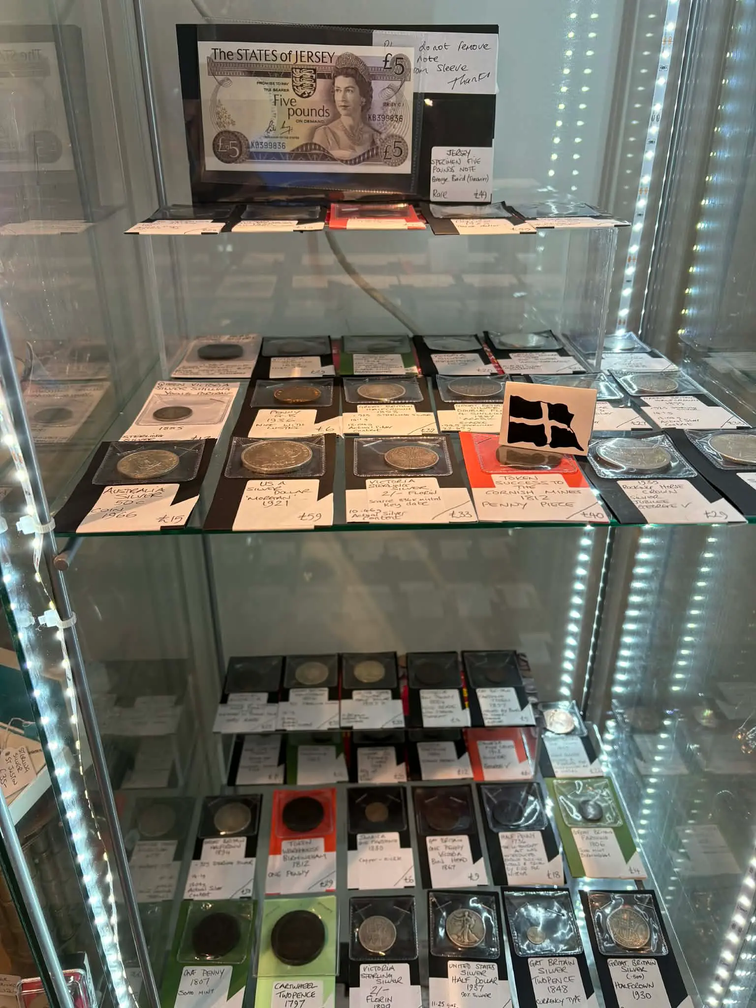 Glass display cabinets available to rent at Bridge Antiques Centre, Truro